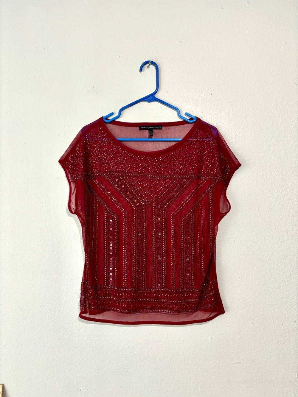 White House black market women’s blouse size s cap sleeve sheer beaded